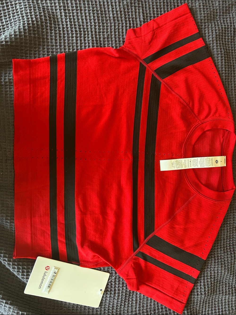 Lululemon Swiftly Tech Cropped Tee 2.0 Red Short-Sleeve Tee with Black Stripes